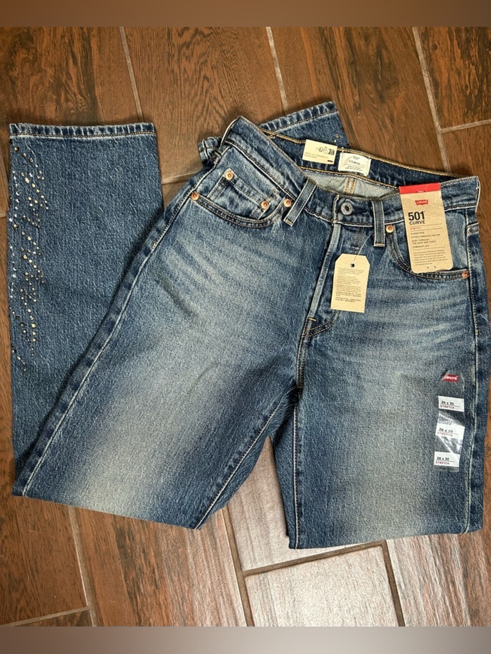 Levi’s 501 Curve Stretch High Rise Straight Leg RHINESTONE Dark Wash Denim Jeans